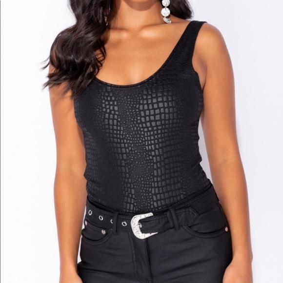 Stay Chic Black Wet Look Crocodile Print Bodysuit - Picture 3 of 7